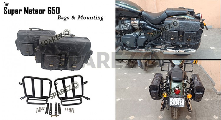 For Royal Enfield Super Meteor 650 Black Pannier Bags Pair With Mountings - SPAREZO